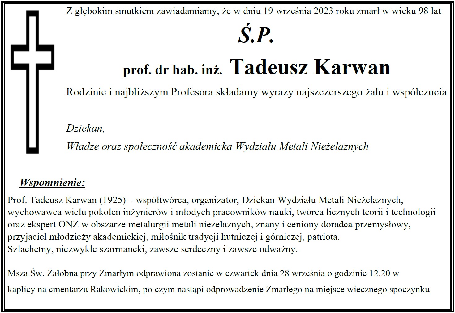 nekrolog Tadeusz Karwan